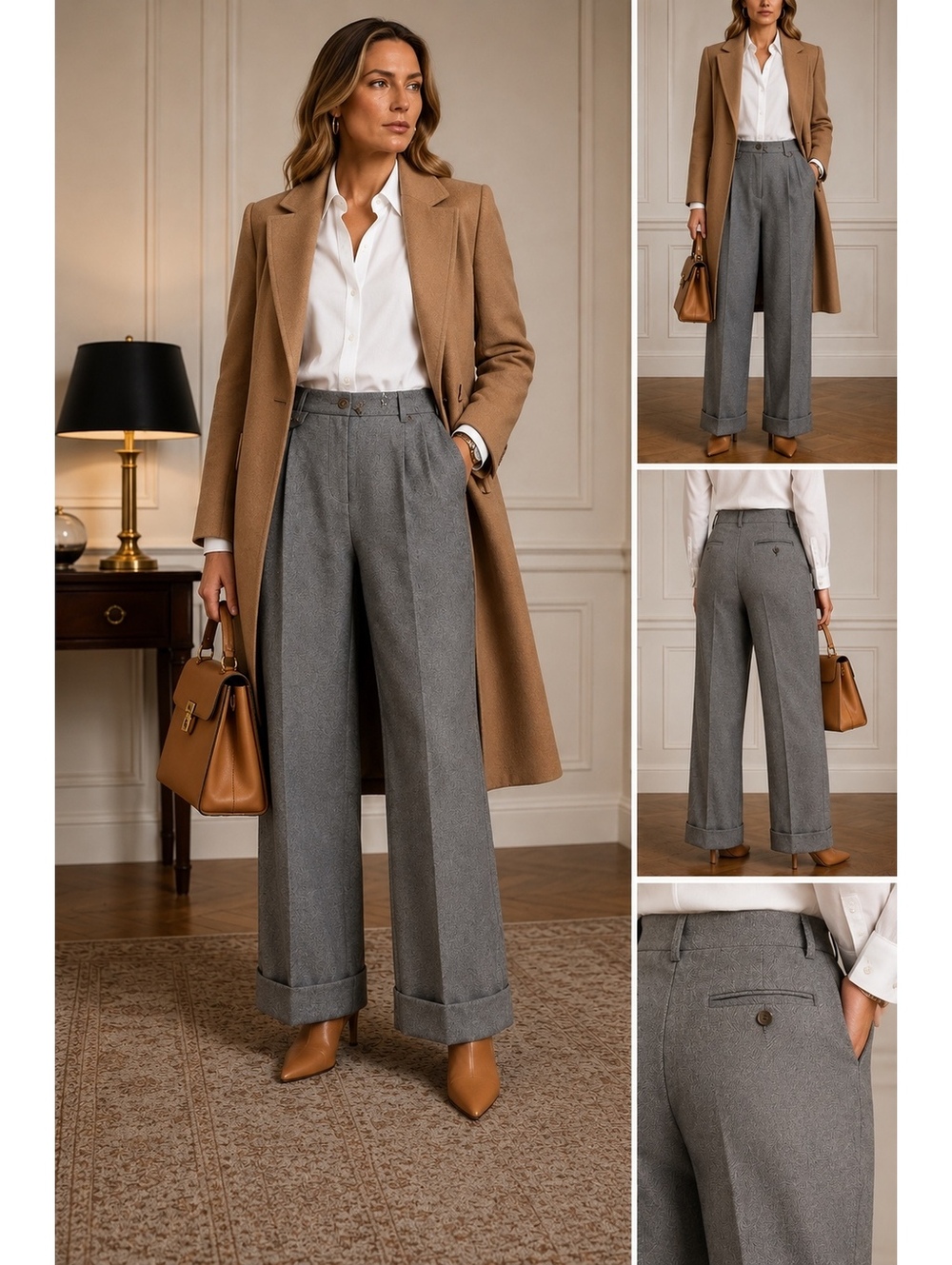 Lauren Ralph Lauren 14 Grey Wool Pleated Cuffed Trousers High Rise Wide Leg